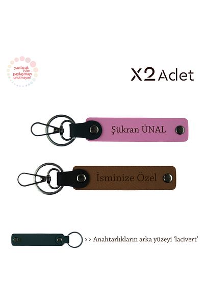 Miaju Special Gift for Lover, Set of 2 Keychains with Personal Name and Surname Written, Light Brown-Pink-Navy Blue