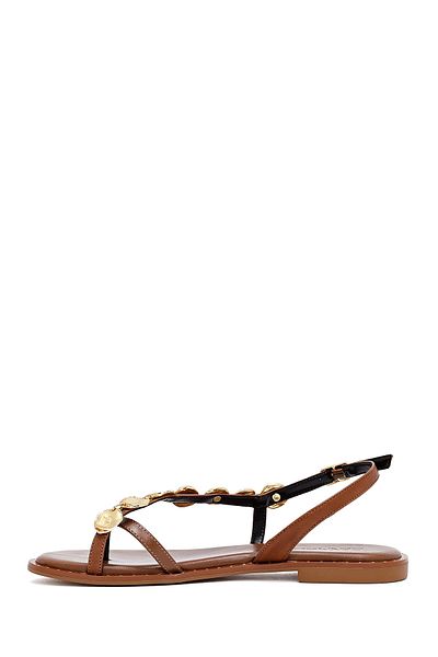 Derimod Women's Brown Metal Detailed Flip Flop Leather Sandals 25Sfd483214