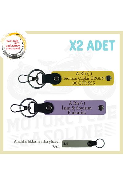 Miaju Exclusive for Speed Enthusiasts, Leather X2' Keychain with Name Plate and a Rh (-) Blood Type, Purple-Yellow-Gr