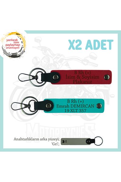 Miaju Exclusive for Biker Style, Name Plate and B Rh (+) Blood Group Lettering X2 Keychain, Red-K Turquoise-Gr