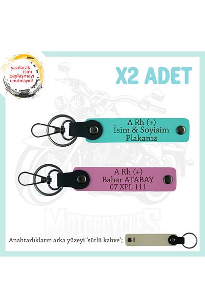 miawiki 2 Keychains with Name Plate and a Rh (+) Blood Group Written, Pink-Turquoise-Sk, for Motorcycle Lovers