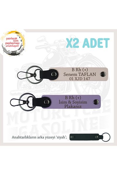 Miaju Exclusive for Biker Style, Gift X2 Keychain Set with Name Plate and B Rh (+) Blood Type Lettering, Purple-Powder-Syh