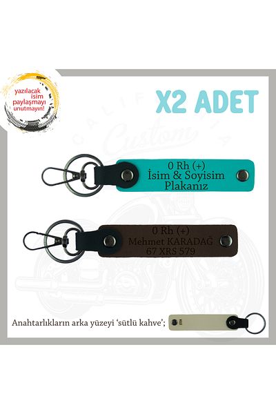 miawiki Custom X2 Keychain with Name Plate and 0+ Blood Type Written, K Turquoise-K Coffee-Sk, Special for Motor Enthusiasts