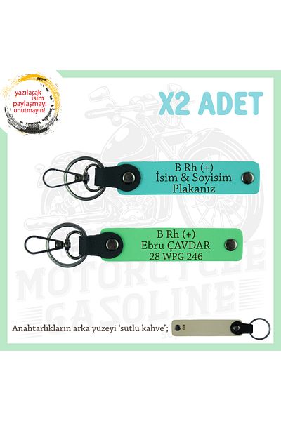 miawiki Name Plate and B Rh (+) Blood Type Written Leather X2 Keychain, Turquoise-F Green-Sk, Exclusive for Biker Style