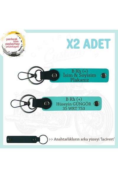miawiki سلسلة مفاتيح مكونة من قطعتين، K Turquoise-Turquoise-Laci، مع لوحة اسم B Rh (+) لعشاق الدراجات النارية مكتوبة