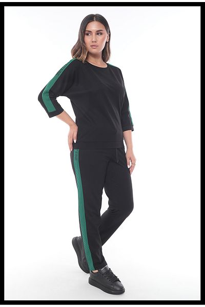 EXİTLİNE Women's Printed Black Green Suit Blouse Trousers with Stripes on the Sides