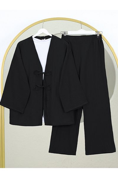 Modamorfo Crinkle Suit with Double Lace-Up Trousers - Black