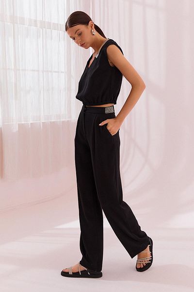 Naar Women's High Waist Pipe Leg Silver Waist Color Detail Pocket Black Trousers Naar12228-Black