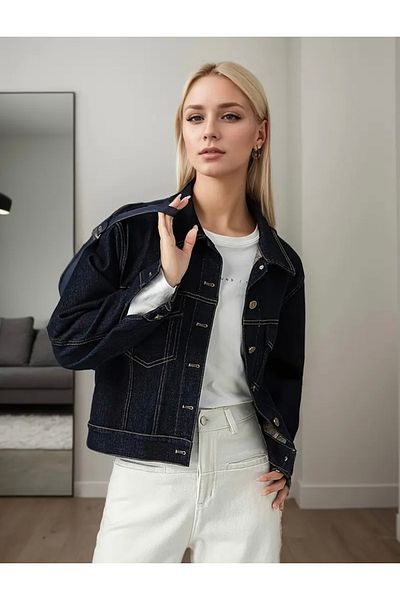 Ekim Store سترة الدنيم Boyfriend باللون الأزرق الداكن