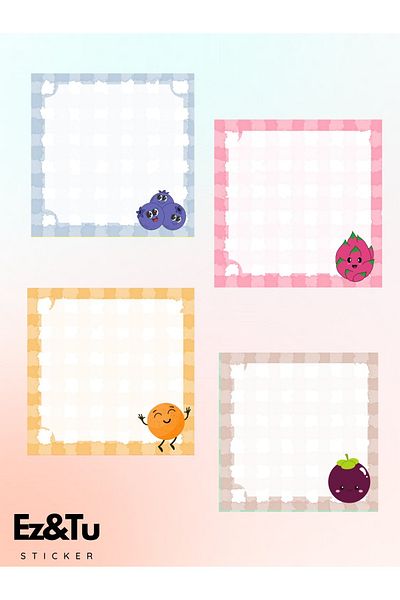 Ez&Tu Stıcker Fruit Patterned 4-Piece Cube Note Blueberry, Orange and Czech Kopar Block Note