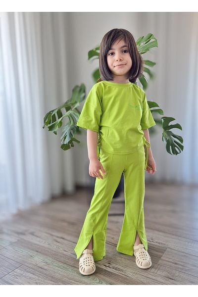 BALKABAĞI Green Slit Leggings Drawstring Gathered T-Shirt Girls' Cotton Summer Short Sleeve Suit Mtyk0011
