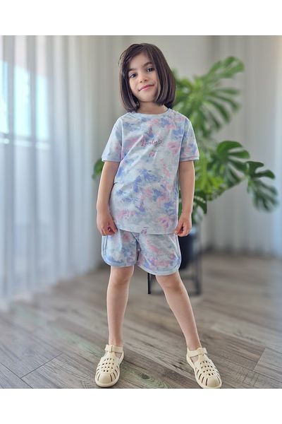 BALKABAĞI Batik Pattern Garnished Tshirt Cotton Shorts Girl's Summer Suit