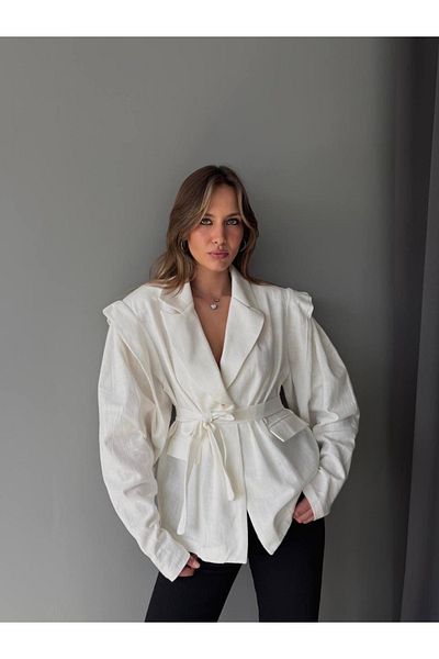 Ekim Store Linen White Tied Oversize Blazer Jacket
