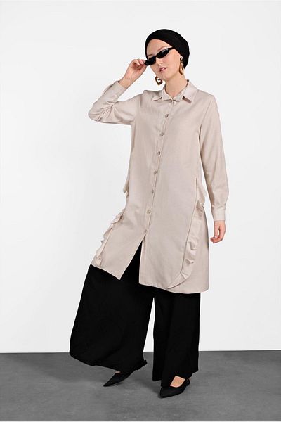 TRENDTESETTÜR Women's Beige (STONE) Ruffle Detailed Buttoned Tunic 0945