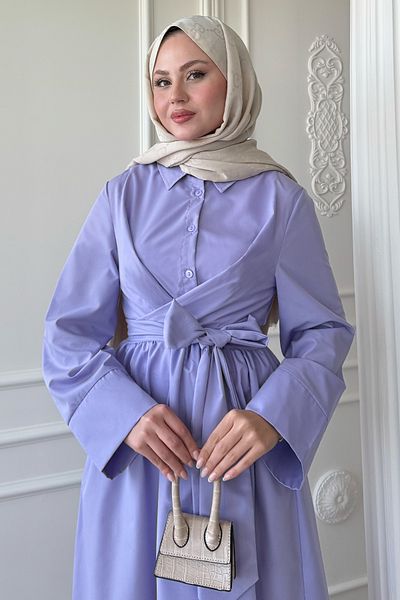 InStyle Wide Sleeve Binding Detail Poplin Lilac Dress
