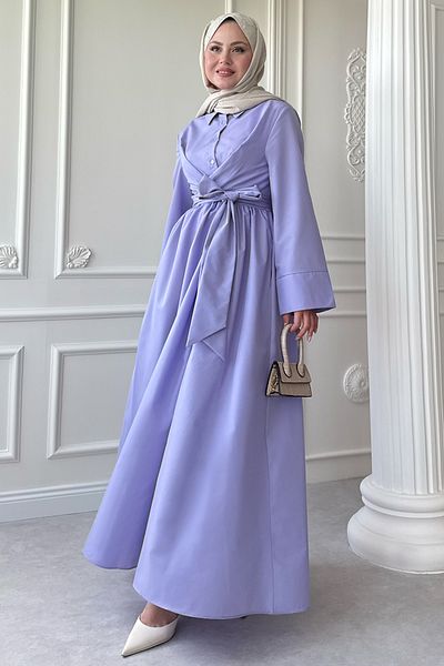 InStyle Wide Sleeve Binding Detail Poplin Lilac Dress