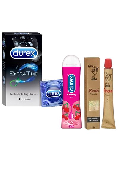 Durex Extra Time Condoms 10pcs + Cherry Lube 50ml + Eros Cream 15g – Intimacy Combo Set