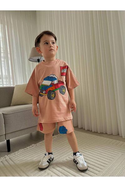 JELİBOOM Toy Printed Summer Bottom Top Set Shorts Set Salmon