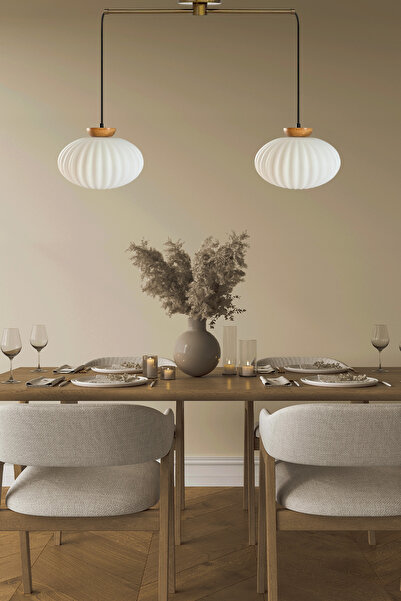 Bamyum Elegant Cam Beyaz İkili Metal Çubuk Avize Ahşap Tabak Başlık Sarkıt Lamba Salon Aydınlatma