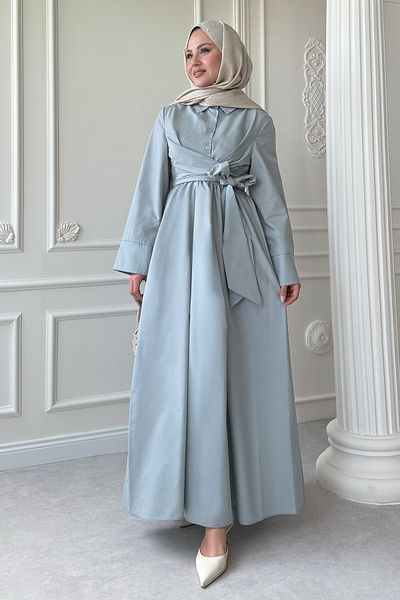 InStyle Wide Sleeve Tie Detail Poplin Baby Blue Dress