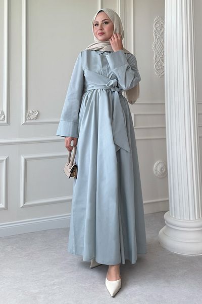 InStyle Wide Sleeve Tie Detail Poplin Baby Blue Dress