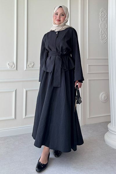 InStyle بدلة تنورة سوداء مشروط بأكمام واسعة