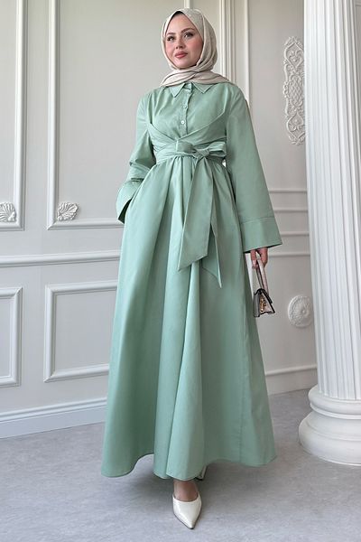 InStyle Wide Sleeve Tie Detail Poplin Mint Green Dress