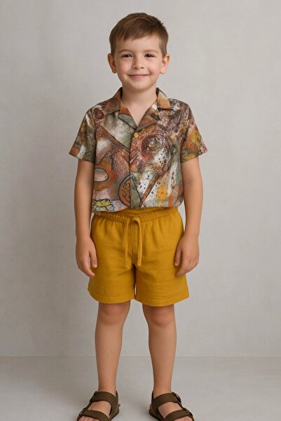 Kidmark Çocuk Modası طقم شورت أرغان قطني منقوش للأولاد