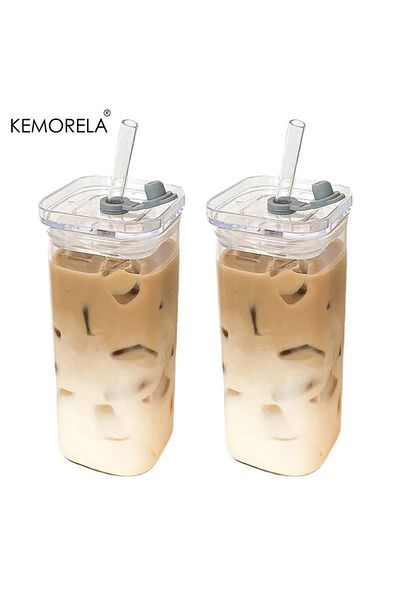 Choice 301-400ml 2pcs 1/2/4/6pc Square Heat Resistant Coffee Glass Cup With Lid And Straw Transparent Milk