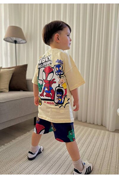 JELİBOOM Spidey Printed Summer Bottom Top Set Shorts Set Cream Navy Blue
