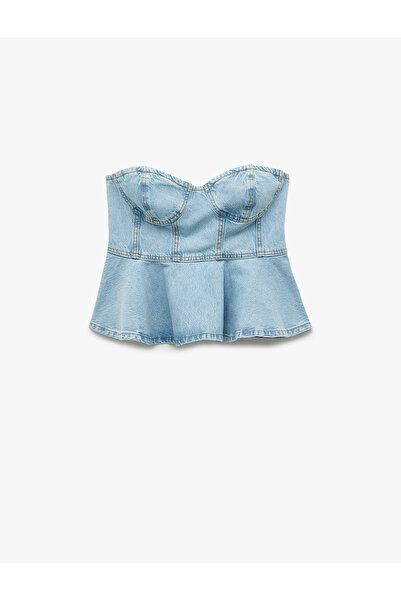 Koton Kalp Yaka Volanlı Kolsuz Pamuklu Dar Kesim Denim Bluz