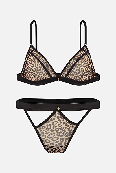 Wonna طقم ملابس داخلية بدون غطاء بتفاصيل حجر ذهبي لامع - 2731 - جلد الفهد