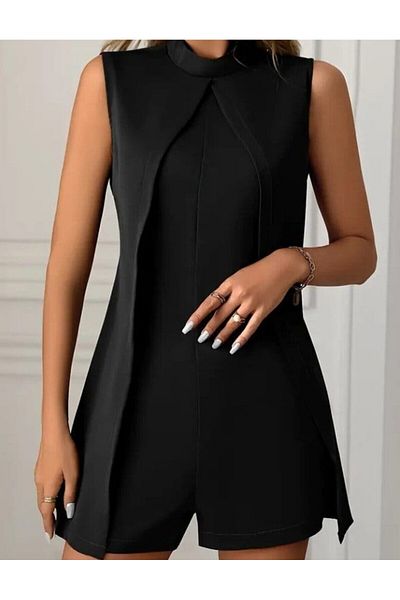Cbm Women's Zero Sleeve Semi Turtleneck Front Cross Detailed Imported Crepe Jumpsuit