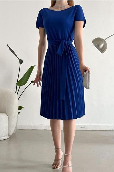 lovebox Saks Blue Flexible Crepe Fabric Pleated Design Girdle Detailed Short Sleeve Midi Evening Dress 120