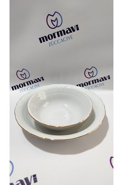 Porland Porcelain Gold Gilded 12 Piece Plate Set for 6 People (6 Ad Bowl, 6Ad Deep Plate)
