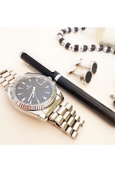 Rivoly Men's stainless steel set consisting of a watch, rosary, pen, and cufflinks