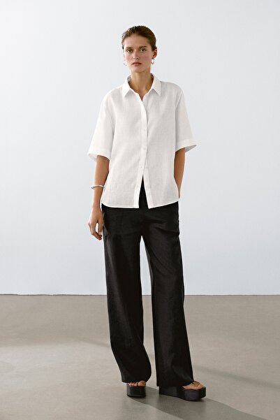 Massimo Dutti %100 keten kısa kollu gömlek