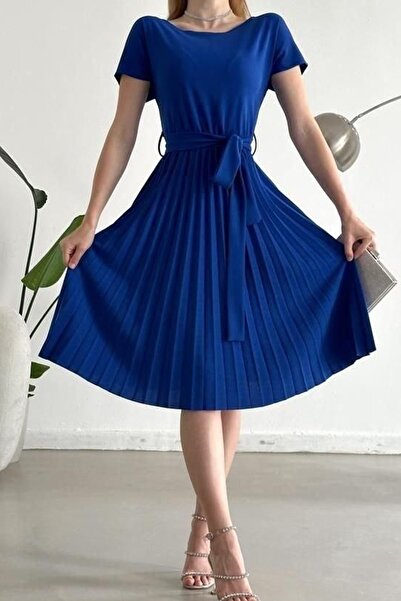 lovebox Сакс Синя Еластична Крепова Тканина Плісирована Дизайн Пояс Деталі Короткі Рукави Міді Вечірня Сукня 120