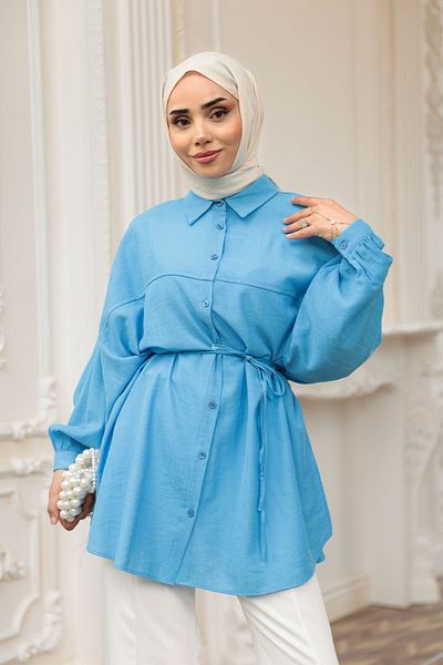 LOCCO Cămașă oversize cu nervuri de damă, albastră