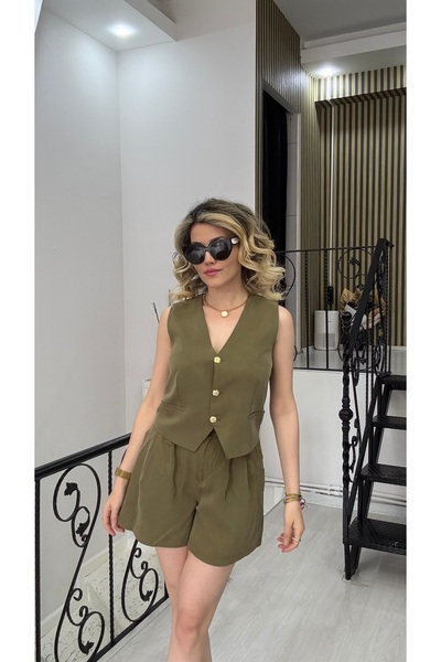 Butik Haki asker yeşili yelek şort ikili takım şort boyu 40cm ÖLÇÜLER AÇIKLAMADA