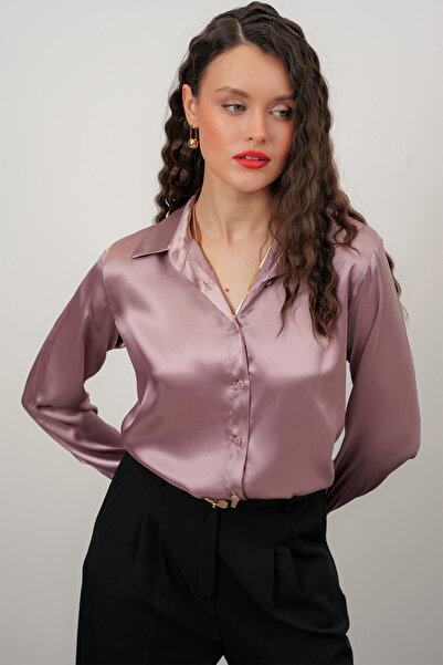 Merterium Kadın Gül Kurusu Saten Gömlek Geniş Beden Aralığı