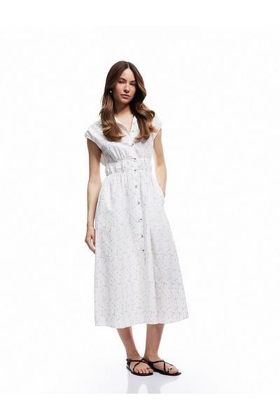 Koton Lined Buttoned Scalloped Pattern Midi Sleeveless Shirt Dress