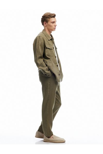 Koton Linen Chino Summer Trousers with Lace-Up Waist and Pocket Detail