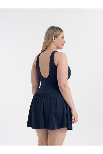 AQUAVİVA Women's Navy Blue Large Size Dakota Double Breasted Detailed Shorts Dress Swimsuit