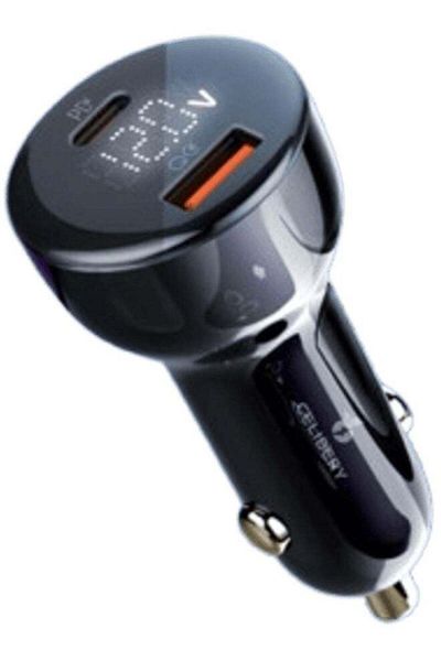 celibery شاحن سيارة فائق السرعة 100 وات، محول طاقة سيارة بمنفذي USB للشحن السريع مع كابل USB C 100 وات