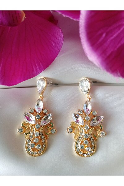 Pervin Ablacım El yapımı beyaz taşlı şık gösterişli sallanan Gold küpe