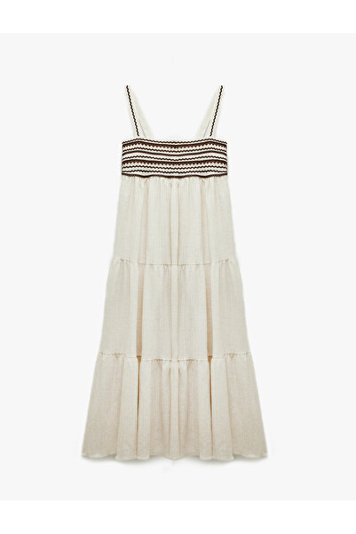 Koton Viscose Linen Blended Sleeveless Layered Square Neck Long Strap Muslin Dress