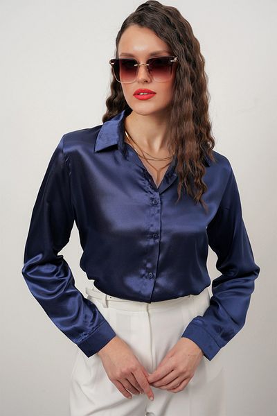 Merterium Cămașă de damă din satin bleumarin Gamă largă de mărimi