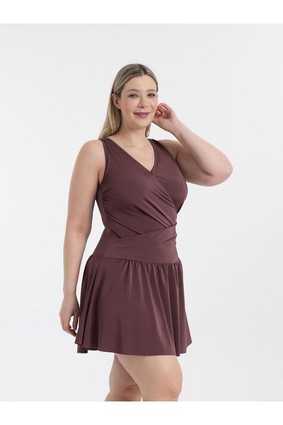 AQUAVİVA Women's Brown Plus Size Dakota Double Breasted Detailed Dress Swimsuit with Shorts