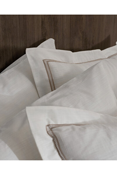 Madame Coco Tina Double Linen Look Washed 100% Cotton Duvet Cover Set - White/Beige